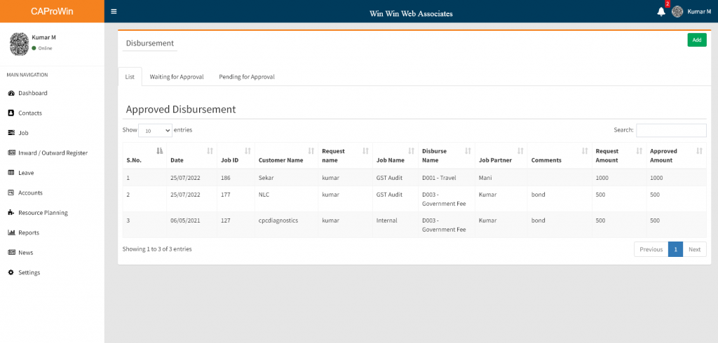 Disbursement with approval systems For CA Office Management Software