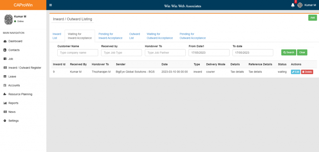 Inward and Outward system For CA Office Management Software