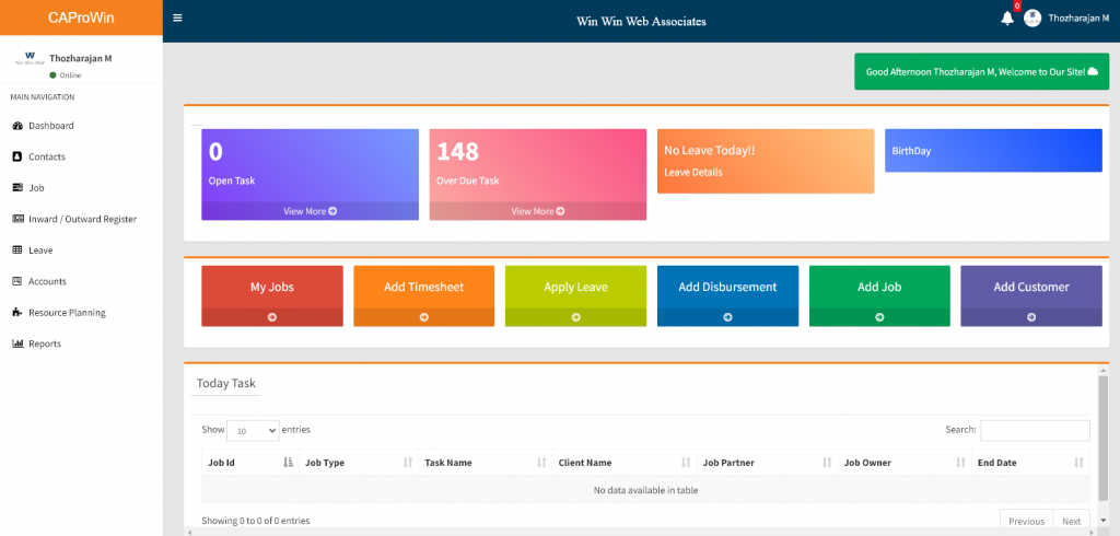 User Friendly Dashboard For CA Office Management Software